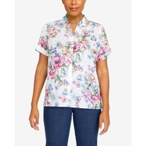 Alfred Dunner‎ Floral Cottagecore Blouse M White Garden Watercolor short sleeve